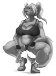  anthro big_breasts breasts canine clothing female hair huge_breasts jogging_outfit mammal monochrome open_mouth plain_background riendonut solo tight_clothing water_bottle workout 
