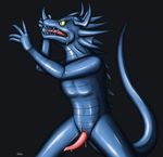  2010 animal_genitalia anthro audie-gryph black_background blue_skin dragon dripping erection genital_slit horn male open_mouth penis plain_background rubber_suit saliva slit solo yellow_eyes 
