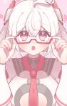  1girl :o adjusting_eyewear ahoge blush center_opening commentary_request edea_cluster glasses hair_ornament hand_on_eyewear hands_up highres long_hair long_sleeves looking_at_viewer matoi_(pso2) nail_polish necktie open_mouth phantasy_star phantasy_star_online_2 pink-framed_eyewear pink_background pink_eyes pink_nails portrait red_necktie semi-rimless_eyewear sidelocks sitwocution solo star_(symbol) star_symbol_background straight-on twintails under-rim_eyewear white_hair 
