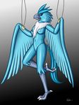  2011 anthro articuno audie-gryph avian blue_eyes blue_skin breasts claws female leash nintendo nipples pok&eacute;mon rubber_suit simple_background solo standing video_games 