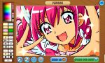  1girl :d animal_jam animal_jam_(medium) art_program_in_frame bow choker commentary cure_happy derivative_work english_commentary head_wings highres hoshizora_miyuki jaggy_lines long_hair looking_at_viewer magical_girl open_mouth outstretched_hand pink_bow pink_choker pink_eyes pink_hair portrait precure screenshot_redraw smile smile_precure! solo sparkle twintails wings zimternet 