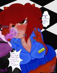  2014 animatronic anthro big_breasts blue_shirt blush bonnie_(fnaf) breasts brown_eyes brown_fur color comic dialogue digital_media_(artwork) discordmelody duo english_text fellatio female five_nights_at_freddy&#039;s freckles fur hair jasmine_ivory lagomorph machine male mammal mechanical nightguard oral peace penis purple_fur rabbit red_hair robot rodent sex squirrel straight text tongue 