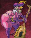 2025 4_fingers abstract_background absurd_res accipitriform anthro arm_warmers armwear artist_name avian beak bedroom_eyes bent_over beret big_bulge big_butt bird blonde_hair blush blush_lines bottom_heavy bubble_butt bulge butt claws clothing demon eyelashes eyeshadow feathers femboy finger_claws fingers glistening glistening_body glistening_butt glistening_feathers glistening_legs graphite_(artwork) hair hat headgear headwear hi_res huge_butt huge_hips huge_thighs ipos_(kings_of_hell) kings_of_hell leaning leaning_forward legwear leotard looking_at_viewer lute makeup male marker_(artwork) multicolored_hair musical_instrument narrowed_eyes parasitedeath pink_body pink_feathers pink_hair plucked_string_instrument purple_arm_warmers purple_armwear purple_clothing purple_eyeshadow purple_legwear purple_leotard purple_thigh_highs red_eyes scut_tail seductive short_tail signature smile solo string_instrument tail text thick_thighs thigh_highs tongue tongue_out traditional_media_(artwork) two_tone_hair vulture wide_hipped_anthro wide_hipped_male wide_hips yellow_sclera