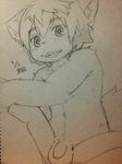  anthro balls big_eyes eyebrows flaccid hair humanoid_penis kemono male monochrome penis plain_background pose sirotae_konnta sketch solo uncut young 