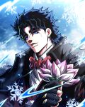  1boy absurdres alternate_costume black_gloves blue_eyes blue_hair bow bowtie cape collared_shirt commentary english_commentary fingerless_gloves flower gloves gradient_flower grey_cape highres holding holding_flower jacket jojo_no_kimyou_na_bouken jonathan_joestar looking_at_viewer male_focus noonvincent phantom_blood pink_flower red_bow red_bowtie red_jacket shirt short_hair smile snowflakes solo white_flower white_shirt 