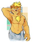  alexwolfy anthro blonde_hair brown_fur brown_nose chest_tuft clothed clothing facial_markings fur hair half-dressed looking_at_viewer male mammal markings mongoose seth_h&auml;ser solo topless tuft 