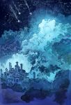  absurdres blue_clouds blue_sky blue_theme building castle cloud cloud_focus cloudy_sky commentary cumulonimbus_cloud english_commentary fantasy glowing hatching_(texture) highres maria_capelle_frantz monochrome night night_sky no_humans original outdoors scenery shooting_star sky sky_focus space star_(sky) starry_sky tower 
