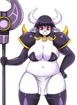 armor black_hair bovine cattle cleavage clothed clothing cowra female hair horn looking_at_viewer mammal muridae navel red_eyes solo sorcerland thick_thighs weapon 