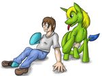 balls clothed clothing cum cum_on_ground cum_on_penis denton dragon duo equine fan_character gay human male mammal my_little_pony penis tongue tongue_out transformation 