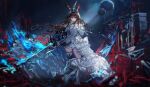  1girl absurdres amiya_(arknights) amiya_(guard)_(arknights) amiya_(guard)_(in_a_myriad_of_universes)_(arknights) animal_ears arknights black_gloves black_hat black_skirt blue_eyes bow brown_hair chinese_commentary closed_mouth commentary_request dress floating_hair full_body gloves glowing glowing_sword glowing_weapon hand_up hat highres holding holding_sword holding_weapon jewelry laoshi_wo_hao_e long_hair long_sleeves looking_at_viewer miniskirt multiple_rings night_sky rabbit_ears rabbit_girl ring single_glove skirt sky solo standing sword weapon white_bow white_dress 