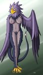  2010 anthro audie-gryph avian beak big_breasts breasts claws feathers female looking_at_viewer nipples nude orange_eyes purple_feathers simple_background solo wings yellow_eyes 