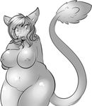  anthro dragon ear_piercing female fupa greyscale monochrome nipple_piercing nipples nude overweight panting piercing plain_background pussy scalie smile solo tehbuttercookie tongue tongue_out white_background 