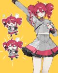  1girl ahoge border bow buttons chibi chibi_inset cowboy_shot double-breasted drill_hair flying_sweatdrops frilled_skirt frills grey_jacket grey_skirt hair_between_eyes hair_bow highres holding holding_microphone jacket kasane_teto kasane_teto_(sv) long_sleeves looking_at_viewer microphone midriff_peek miniskirt multiple_views musical_staff musical_staff_print open_mouth red_eyes red_hair red_trim shoulder_belt shoulder_boards sidelocks simple_background skirt sleeve_cuffs standing striped_clothes striped_jacket striped_skirt synthesizer_v tetoris_(synthesizer_v) twin_drills ummwa utau white_border white_bow yellow_background 