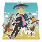  5boys 6+girls absurdres alien antennae arms_up ayase_momo backpack bag beamed_eighth_notes black_hair black_jacket black_pants blonde_hair blue_skirt blue_sky blush border bottle bow bowtie brown_eyes brown_hair brown_shoes cat chiquitita cloud cloudy_sky commentary_request dandadan drink_carton drinking_straw earrings eighth_note enjoji_jin floating flying_saucer food full_body gakuran glasses green_shirt hair_behind_ear highres jacket jewelry juice_box juice_carton k_ysd001 kami_high_school_uniform kazama_raiya leaning_on_person long_hair long_sleeves looking_at_another loose_socks maneki-neko milk_carton miniskirt mr._mantis_shrimp multiple_boys multiple_girls musical_note nervous_sweating open_clothes open_mouth open_shirt outside_border outstretched_arms pants pink_hair pink_sweater pleated_skirt puckered_lips quarter_note red_bow red_bowtie red_hair round_eyewear sakata_kinta sandals sawaki_rin school_bag school_uniform serpo_(dandadan) shiratori_aira_(dandadan) shirt shoes short_hair skirt sky sleeves_past_wrists sneakers socks spacecraft sparkle sweat sweater takakura_ken_(dandadan) tractor_beam turbo_granny_(dandadan) ufo vamola_(dandadan) white_border white_socks yukishiro_kouki zuma_unji 