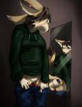  animate_inanimate anthro bottomwear brown_background brown_hair butt canid canine clothed clothing denim denim_bottomwear denim_clothing ear_piercing ear_ring ear_tag featureless_crotch female female_anthro fennec_fox fennecfaux fox hair hi_res hoodie jeans jeans_down living_plushie looking_at_own_butt looking_at_self looking_back mammal mirror mirror_reflection null pants partially_clothed piercing plushie rear_view reflection ring_piercing simple_background solo tan_body topwear true_fox underwear underwear_down worried worried_face worried_look 