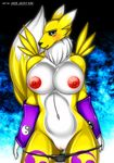  2014 anthro bandai big_breasts blue_eyes blush breasts butt canine chest_tuft clothing digimon female fox fur jadej_jacky_kim looking_at_viewer mammal navel nipples nude panties pussy pussy_juice renamon smile solo tuft underwear undressing yellow_fur zi0808 