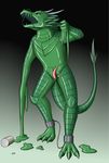  2010 animal_genitalia anthro audie-gryph cum dragon erection genital_slit green_skin looking_at_viewer male open_mouth penis rubber_suit simple_background slit solo tapering_penis transformation white_eyes 