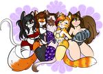  anthro big_breasts bigger_version_at_the_source breast_squish breasts canine cat clothing feline female fox garter_belt group lace legwear mammal shorts siamese small_breasts spandex strapless_bra tehbuttercookie thigh_highs 