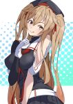  1girl asymmetrical_clothes beret black_hat black_ribbon black_serafuku black_shirt black_skirt brown_eyes brown_hair gloves hair_flaps hashtag-only_commentary hat highres kantai_collection kikuchi-shoogo murasame_(kancolle) murasame_kai_ni_(kancolle) neckerchief red_neckerchief ribbon sailor_collar school_uniform serafuku shirt skirt solo tongue tongue_out two_side_up white_gloves white_sailor_collar 