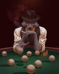 2023 anthro ball billiard_ball billiard_table black_clothing black_necktie black_nose black_topwear black_vest canid canine canis cheek_tuft cigarette clothed clothed_male clothing collared_shirt container cup digital_media_(artwork) dress_shirt drinking_glass facial_tuft fedora furniture furrowed_brow glass glass_container glass_cup guyinvintageclothes hat headgear headwear hi_res holding_cigarette holding_object leaning leaning_forward looking_at_viewer male male_anthro mammal motion_lines necktie rolled_up_sleeves shaded shirt shot_glass signature smoke solo table throwing topwear tuft vest white_dress_shirt wolf