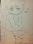  ? anthro balls big_eyes bulge clothed clothing cub eyebrows hair half-dressed kemono looking_at_viewer male monochrome sirotae_konnta sitting sketch solo topless wardrobe_malfunction water young 