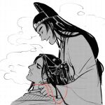  2boys alt_text black_hair braid chinese_clothes closed_eyes closed_mouth cloud commentary dimple english_commentary facial_hair from_side frown greyscale halftone hanfu hat hawberries high_ponytail jin_(headwear) jin_guangyao lap_pillow layered_clothes long_hair long_sleeves male_focus modao_zushi monochrome multiple_boys mustache nie_mingjue open_mouth ponytail side_braid simple_background sketch smile spot_color string string_around_neck string_of_fate tang_jin_(headwear) upper_body very_long_hair white_background wide_sleeves yaoi 
