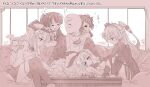  admiral_(kancolle) amatsukaze_(kancolle) commentary_request couch dress highres hug intrepid_(kancolle) japanese_clothes jinbei_(clothes) kantai_collection kugimiya_atsuki military_uniform nelson_(kancolle) rensouhou-chan sailor_dress sepia shimakaze_(kancolle) smokestack_hair_ornament t-head_admiral table tokitsukaze_(kancolle) translation_request window 