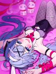  1girl ahoge animal_ears arm_ribbon arm_strap armpits artist_name bare_shoulders ben-day_dots black_leotard blue_eyes blue_hair blunt_bangs blurry blush bokeh bow bowtie breasts cleavage clothing_cutout commentary_request covered_navel cutout_above_navel depth_of_field detached_collar fake_animal_ears fang feet_out_of_frame fingernails fishnet_pantyhose fishnets hair_ornament hair_spread_out hairband hatsune_miku heart heart_cutout heart_hair_ornament highres knees_up large_breasts leotard long_fingernails long_hair looking_at_viewer lying nail_polish necktie on_back open_mouth pantyhose pink_bow pink_bowtie pink_nails pink_necktie pink_pupils pink_ribbon playboy_bunny rabbit_ears rabbit_hole_(vocaloid) ribbon screentones sidelocks skin_fang smile solo stuffed_animal stuffed_rabbit stuffed_toy teardrop_facial_mark thigh_strap twintails uzuki_sena very_long_hair vocaloid x_hair_ornament x_x 