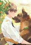  1boy black_necktie black_pants brown_eyes brown_hair closed_mouth collared_shirt commentary_request dog flower from_side german_shepherd gold_osmanthus highres kuga_tsukasa male_focus necktie on_bench orange_flower original pants polka_dot_necktie profile shirt signature sitting smile solo twitter_username watermark web_address white_shirt 