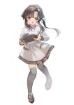  1girl absurdres apron bandana black_hair bowl collared_shirt commentary_request feet_out_of_frame full_body grey_bandana grey_thighhighs highres kantai_collection kappougi long_hair nankai_(kancolle) nosaki_(kancolle) pink_shirt ponytail shirt sidelocks simple_background solo thighhighs tray white_background yashin_(yasinz) 