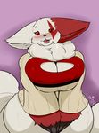  2014 anthro big_breasts blush breasts chest_tuft claws clothed clothing digital_media_(artwork) female fur hi_res keyhole_turtleneck looking_at_viewer nightfaux nintendo open_mouth pok&eacute;mon red_eyes red_fur solo standing sweater tuft video_games voluptuous white_fur wide_hips zangoose 