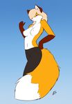  2014 anthro blue_eyes breasts canine clothed clothing female fluffy_tail fox fur hair hair_over_eye half-dressed jeans mammal orange_fur pink_hair smile solo standing starfighter topless white_fur 