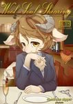  2014 anthro blush caprine clothed clothing cover female fur hair horn japanese_text looking_at_viewer mammal restaurant sheep smile solo table text 