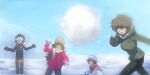  1boy 3girls amane_suzuha amane_suzuha_(beta) beanie black_hair black_jacket black_pants blue_gloves blue_sky blush braid brown_gloves brown_hair brown_sweater coat gloves green_pants hat highres hiyajou_maho holding incoming_attack jacket long_hair menomorute messy_hair multiple_girls open_mouth pants perspective pink_gloves pink_jacket scarf science_adventure shiina_mayuri short_hair sky smile snow snowball snowball_fight squatting steins;gate steins;gate_0 sweater trap twin_braids urushibara_luka very_long_hair winter_clothes winter_coat 