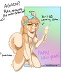  2015 alcohol ankh beverage breasts canine chest_tuft clothing collar dialogue dog drunk female fur green_eyes holidays mammal new_year nude panties panties_on_head pomeranian pussy rika rika_(character) solo tan_fur tattoo tuft underwear 