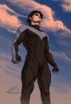  1boy alsoenderr batman_(series) black_bodysuit black_hair blue_bodysuit bodysuit covered_abs dc_comics dick_grayson highres male_focus multicolored_bodysuit nightwing solo superhero_costume taut_bodysuit toned toned_male two-tone_bodysuit 