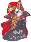  2008 anthro black_cape black_claws black_clothing black_nose blondefoxy brown_body brown_fur bust_portrait canid canine canis cape character_badge_(artwork) character_name claws clothing coyote finger_claws fur head_tuft male mammal marker_(artwork) mask pen_(artwork) phantom_of_the_opera portrait shaded skuff_coyote snout solo text traditional_media_(artwork) tuft 