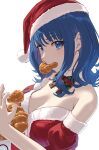  1girl bare_shoulders blue_eyes blue_hair breasts bucket_of_chicken chicken_(food) commentary_request detached_sleeves dress eating food fried_chicken fur-trimmed_dress fur-trimmed_headwear fur-trimmed_sleeves fur_collar fur_trim hat highres hiruno_ushiro looking_at_viewer make_heroine_ga_oo_sugiru! medium_breasts medium_hair red_dress red_hat red_sleeves santa_costume santa_dress santa_hat simple_background solo yanami_anna 