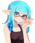  1girl bare_shoulders blue_eyes blue_hair blush breasts cleavage closed_mouth corrupted_twitter_file highres inkling inkling_girl inkling_player_character kodak_painter long_hair looking_at_viewer pointy_ears simple_background solo splatoon_(series) splatoon_3 tentacle_hair upper_body white_background 