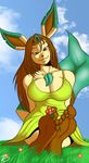  anthro barefoot big_breasts big_ears breasts brown_eyes brown_hair canine clothing cloud eeveelution female flower foot_fetish foot_focus hair leafeon leaves mammal nintendo plant pok&eacute;mon sitting sky smile solo toes video_games zp92 