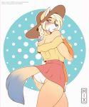  2018 abstract_background anthro bare_shoulders blonde_hair blue_nose blue_tail blush braided_hair breasts butt canine cat clothed clothing cree_(creelaika) digital_media_(artwork) dipstick_tail eyelashes feline female fox fully_clothed fur hair hat hybrid llmixll looking_at_viewer looking_back low-angle_view mammal miniskirt multicolored_body multicolored_fur multicolored_tail orange_body orange_fur panties panty_shot red_bottomwear skirt solo tail_upskirt tan_body tan_fur tan_tail underwear upskirt walking white_body white_bottomwear white_fur yellow_topwear 