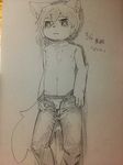  anthro big_eyes chest_tuft clothed clothing cub eyebrows fur hair half-dressed kemono male monochrome nipples plain_background sirotae_konnta sketch solo standing topless tuft underwear young 