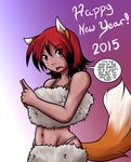  2015 abstract_background animal_ears black_hair blue_eyes canine clothed clothing english_text female fox fox_ears hair holidays human hybrid lo looking_at_viewer mammal new_year open_mouth purple_background red_hair reiko_(yosh) sage_(artist) skimpy solo speech_bubble standing text tongue webcomic whiskers yosh! 