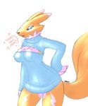  2015 anthro bandai bottomless canine chest_tuft cleavage clothed clothing digimon female fox fur holidays keyhole_turtleneck looking_at_viewer mammal new_year nipples open_mouth plain_background renamon shiny solo sweater text thunder-renamon tuft voluptuous white_background 