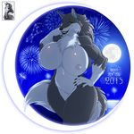  anthro big_breasts blush breasts canine featureless_crotch female fluffy_tail green_eyes lips lipstick looking_at_viewer mammal moon muscles night nipples sea smile solo walter_sache water wolf 