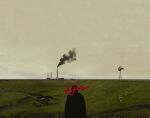  1boy absurdres building commentary_request day english_commentary facing_away factory from_behind grass highres horizon landscape original outdoors overcast scenery sky smokestack solo uoor_(pixiv_22531933) wide_shot windmill windpump 