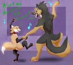  2014 4_toes canine claws dancing digitigrade dog duo female feral fox fur german_shepherd hair husky male mammal nelya_rhys_(character) open_mouth paws psy101 rip_(character) size_difference text toes 