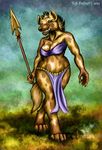  2014 anthro clothed clothing digital_media_(artwork) fangs female gnoll grass hyena kekpafrany loincloth mammal polearm skimpy solo spear weapon wide_hips 