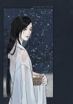  1boy artist_name basket black_hair blue_background blue_border blue_theme border chinese_clothes chu_wanning closed_mouth commentary dark_background english_commentary erha_he_ta_de_bai_mao_shizun from_side frown grey_eyes highres holding holding_basket jeusus long_hair long_sleeves looking_at_viewer looking_to_the_side low_ponytail male_focus night night_sky pale_skin ponytail red_lips see-through_clothes see-through_robe sky snow snowing solo standing star_(sky) starry_sky upper_body wet wet_clothes wide_sleeves winter 
