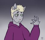  2015 ambiguous_gender anthro blonde_hair cat clothed clothing ear_piercing feline fur gradient_background green_eyes grey_fur hair hoodie humor mammal mutisija mutisija_mirror nervous piercing short_hair solo sweat what 